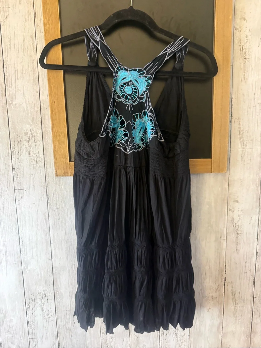 Free People boho black blue crochet mini dress Lined boho gypsy flowy lace XS